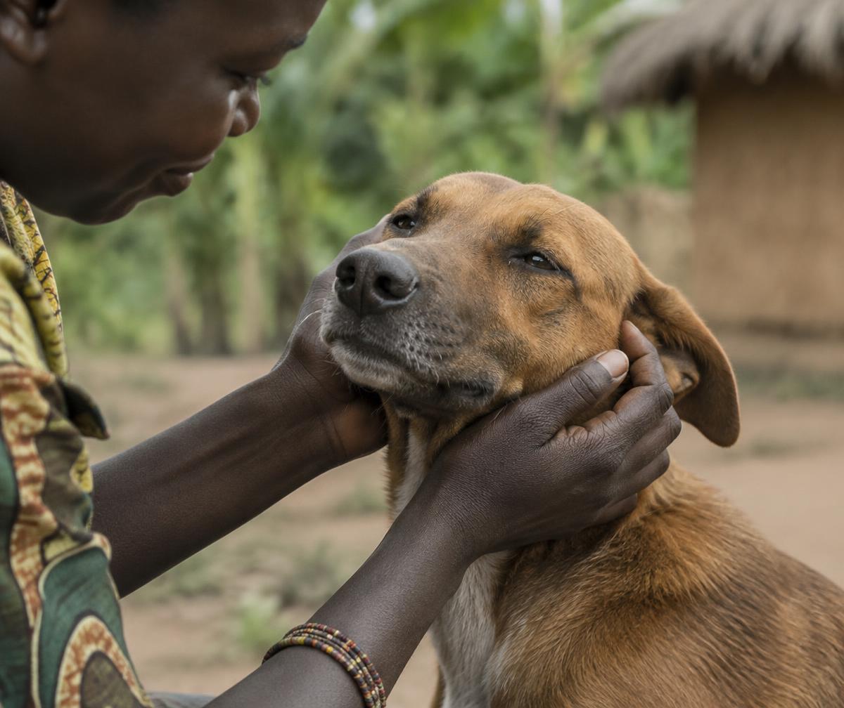 A person gently cradles the face of a contented brown dog in a village yard