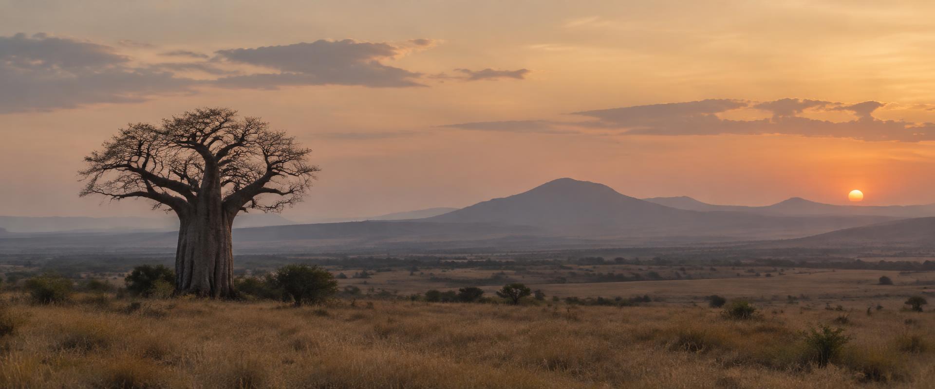 A lone baobab tree on open grassland with distant hills at dusk